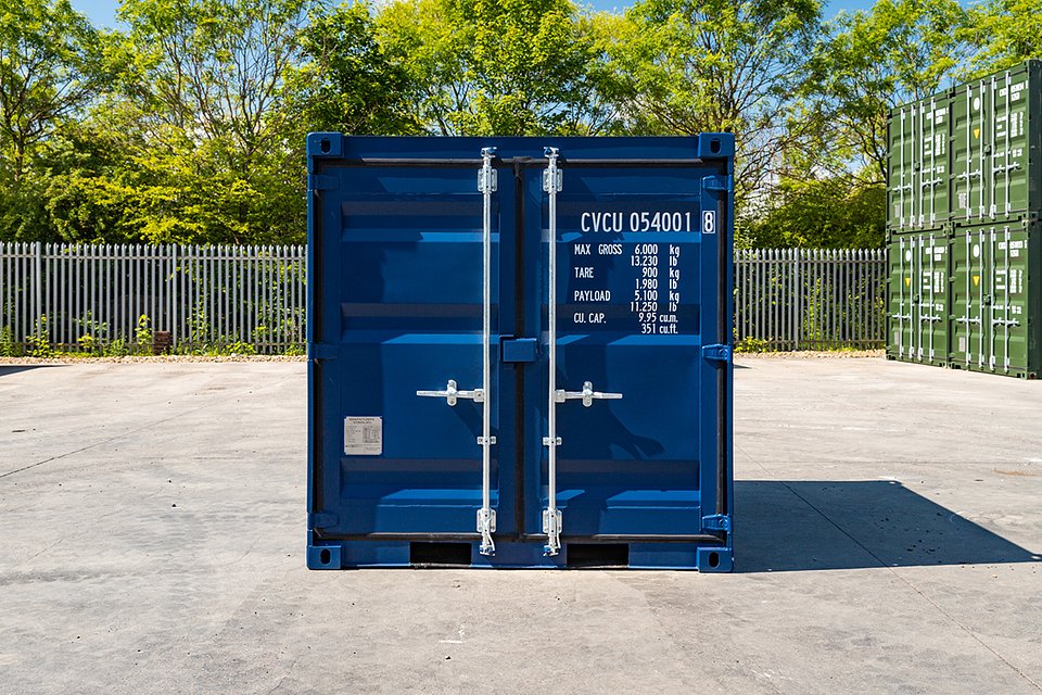 10ft blue shipping container — front doors closed