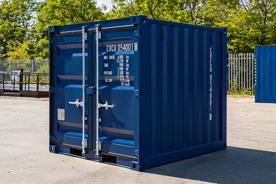 10ft blue shipping container — three-quarter view