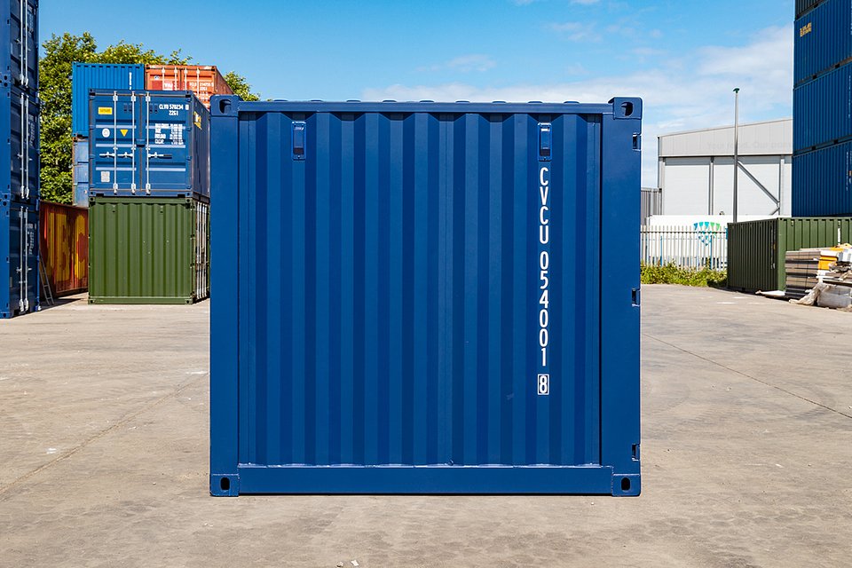 10ft blue shipping container — rear panel