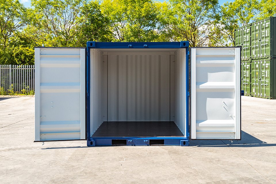 10ft blue shipping container — doors open interior