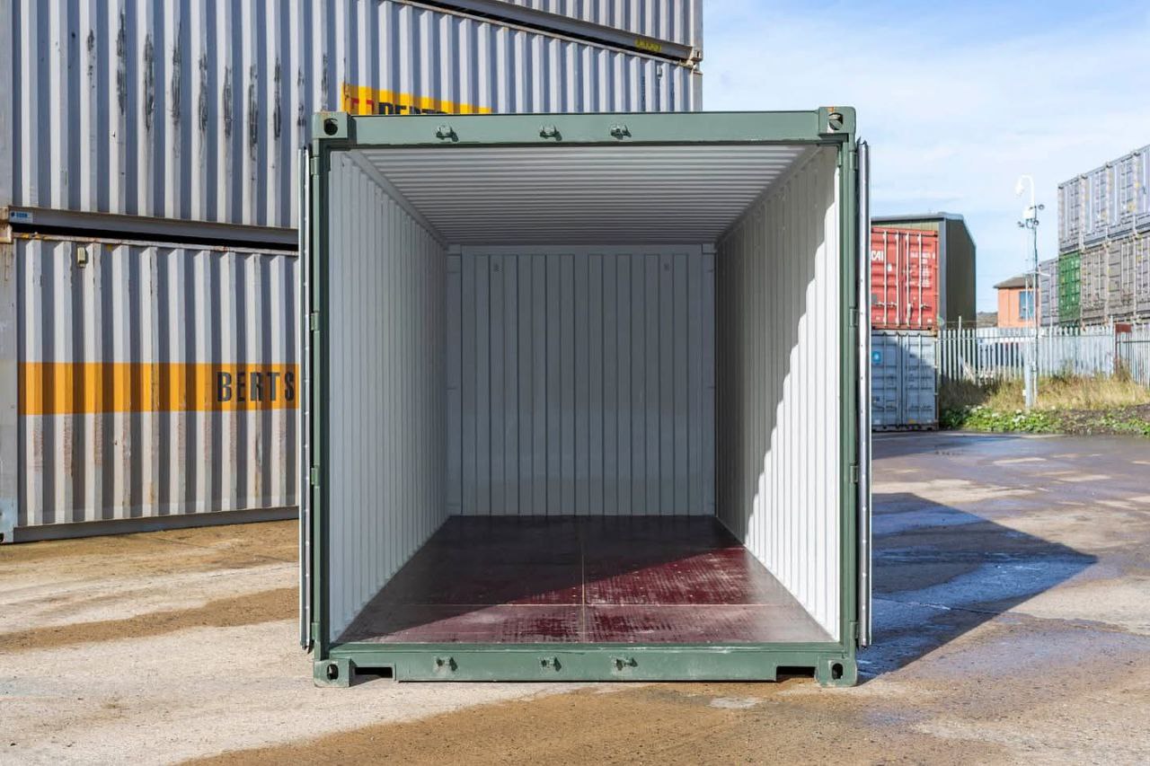 20ft dark green Grade A shipping container — doors open interior