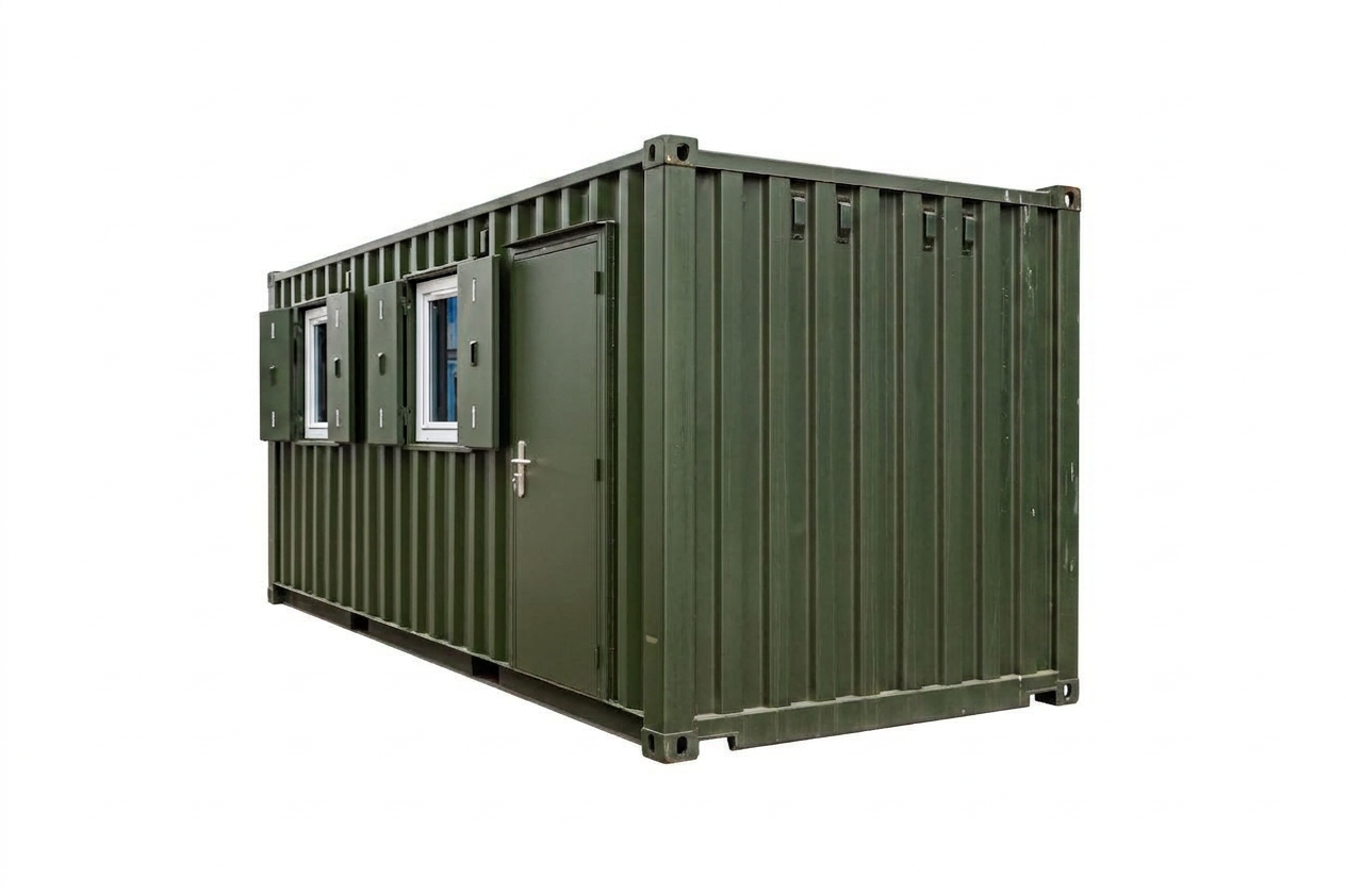 20ft green office container — three-quarter exterior view