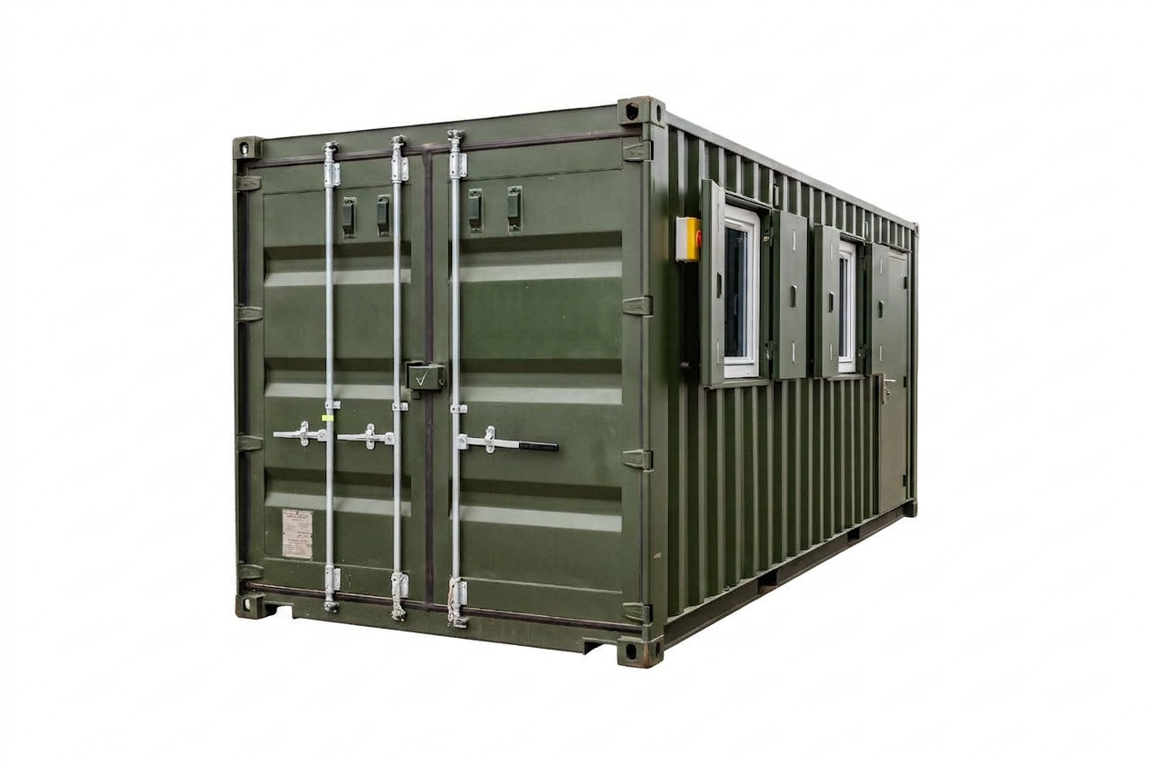 20ft green office container — front doors and side window detail